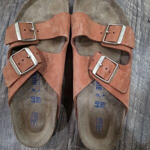 Birkenstock Rust Suede Sandals with Silver Buckles